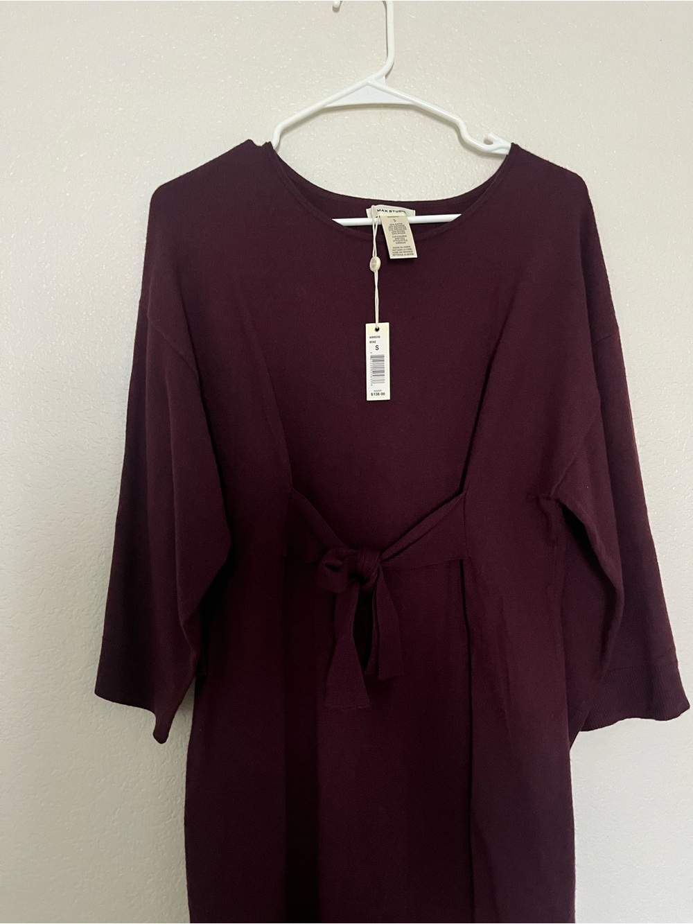 NWT Tie-Waist Bell Wide Sleeve Sweater Dress Burgundy Plum